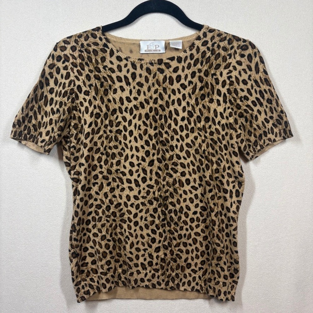 EP Pro Womens Leopard Print Short Sleeve Knit Sweater Top Sm Indie Sleaze Y2K